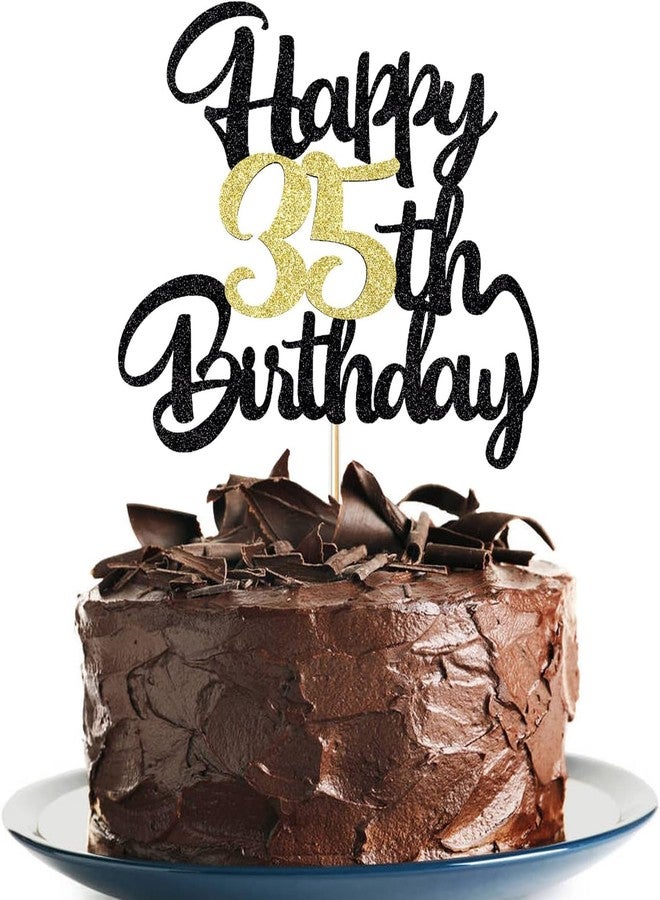 كونفيتي زينة كعكة عيد ميلاد سعيد، زينة عيد ميلاد لامعة باللونين الأسود والذهبي واحتفالات الذكرى السنوية (35) - Image 1